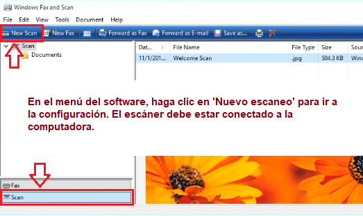 En el menú del software, haga clic en 'Nuevo escaneo' para ir a la configuración. El escáner debe estar conectado a la computadora.