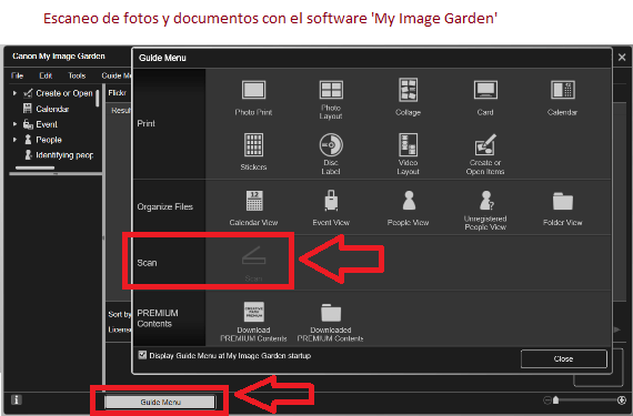 Escaneo de fotos y documentos con software: 'My Image Garden'.