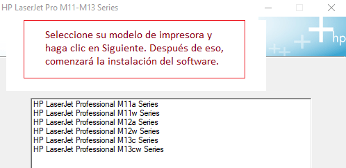 Seleccione su modelo de impresora y haga clic en Siguiente. Después de eso, comenzará la instalación del software.