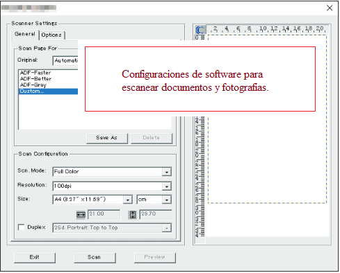 Configuraciones de software para escanear documentos y fotografías.