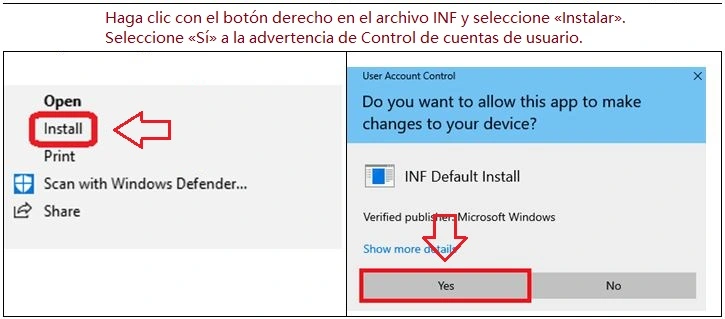Haga clic con el botón derecho en el archivo INF y seleccione Instalar