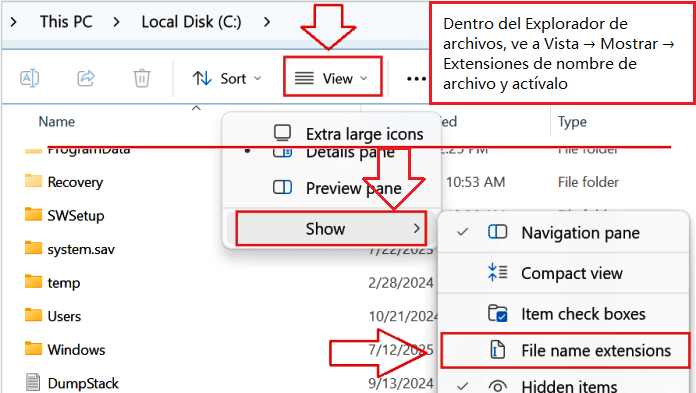 Dentro del Explorador de archivos, ve a Vista → Mostrar → Extensiones de nombre de archivo y actívalo